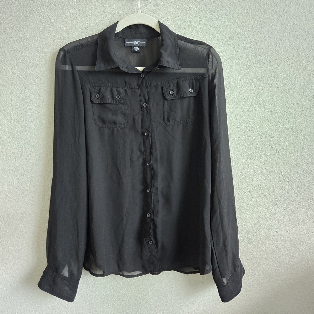 INC sheer black button front top
